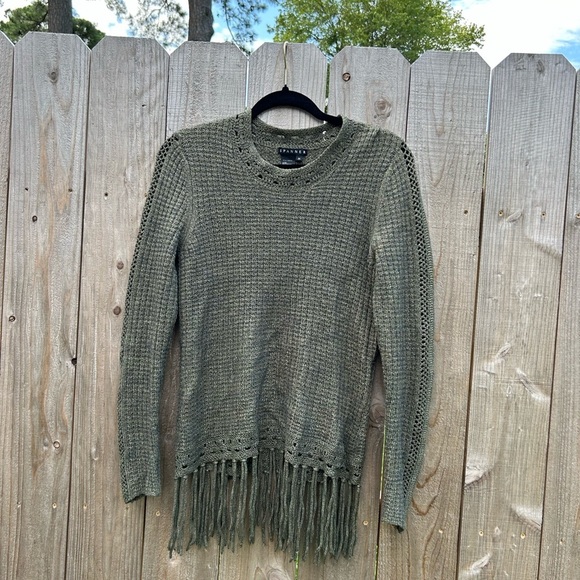 Green Knit Fringe Sweater size medium fall winter tassel cozy rayon wool spanner - Picture 4 of 12